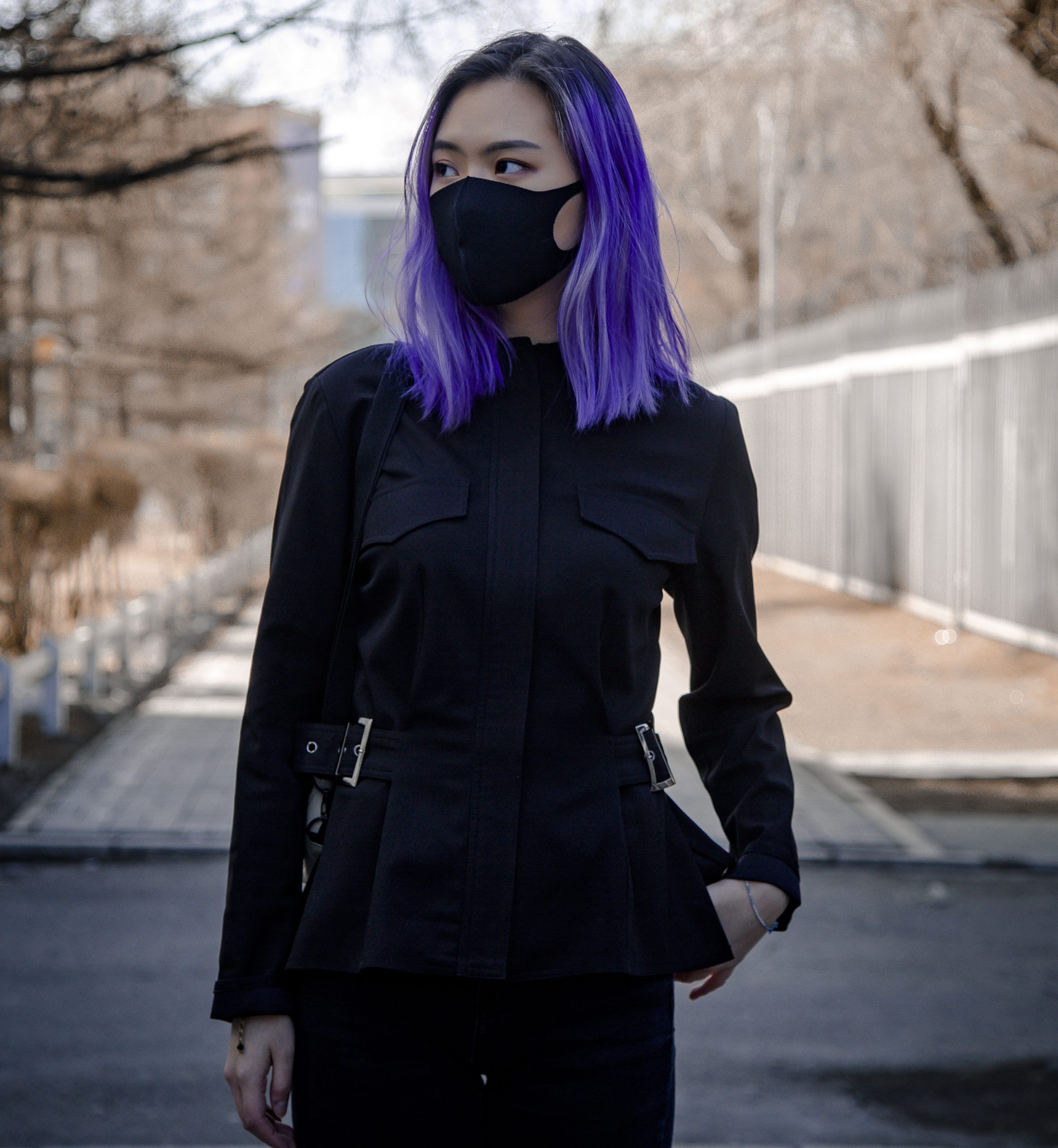 Woman with Purple Hair and Face Mask