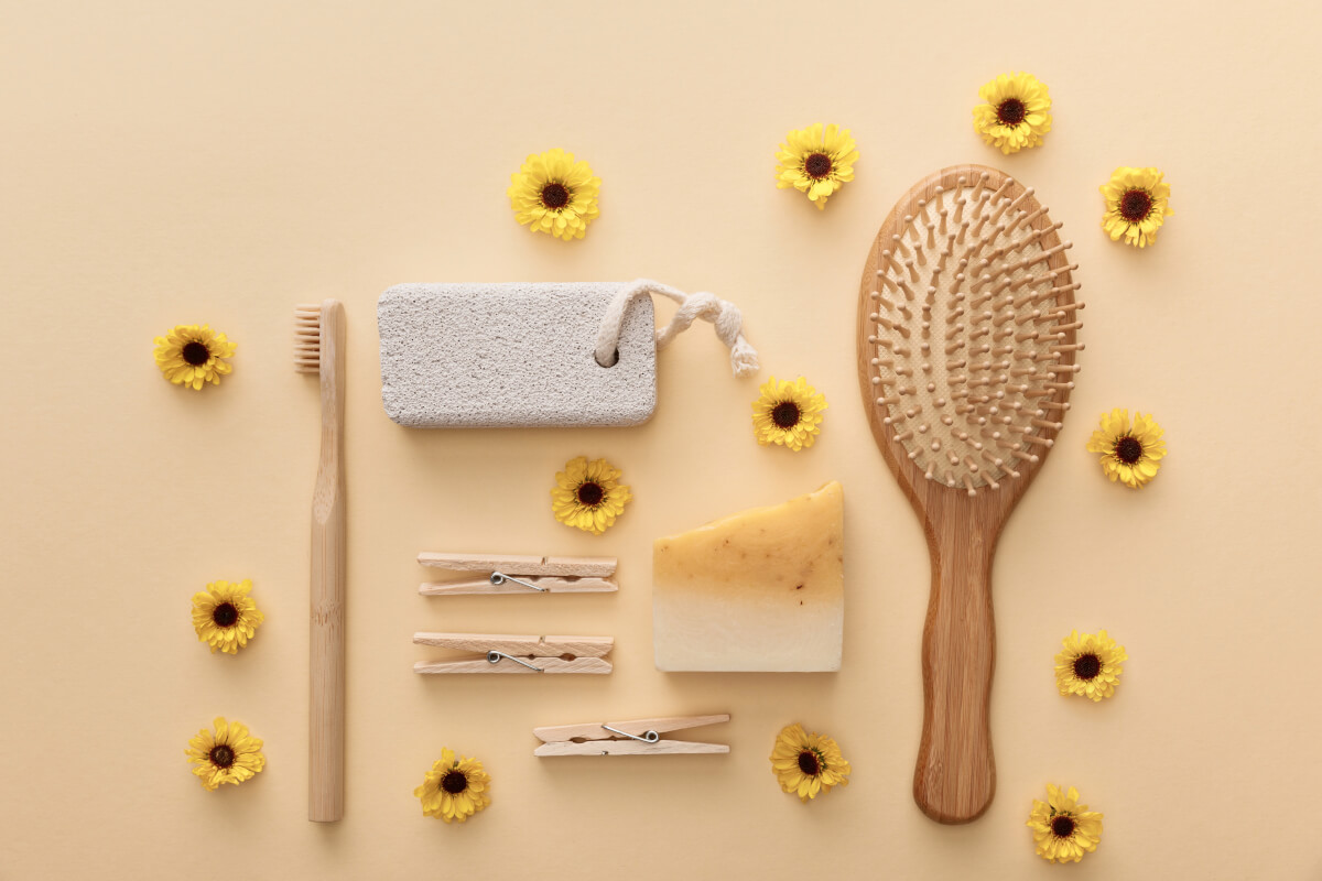 Wooden Hair Brush & Cleaning Supplies Laid Out